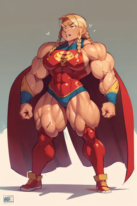 blond muscle woman with cornrows hair flexing muscles wearing superhero outfit with cape, muscle woman, big muscles, huge muscles, massive muscles, mature woman