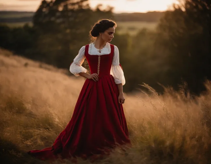 Uma jovem do Norte da Europa, 18 anos, olhos castanhos escuros, triste, cara triste, pele negra, black hair, cabelo longo preto, delineador, nariz grosso, wearing a red 19th-century Victorian dress, quarto da era vitoriana