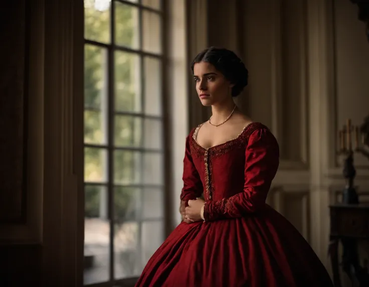 Uma jovem do Norte da Europa, 18 anos, olhos castanhos escuros, triste, cara triste, pele negra, black hair, cabelo longo preto, delineador, nariz grosso, wearing a red 19th-century Victorian dress, quarto da era vitoriana