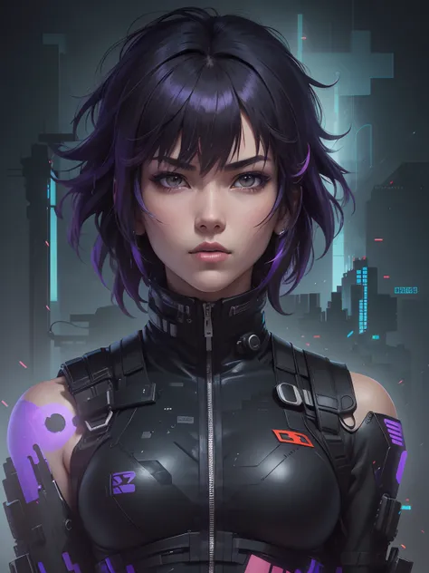 Motoko Kusanagi from the movie Ghost in the shell, full body shot, on top of a dark techno city skyscraper, bits of color, perfect face. Sketch book, full body in frame. hand drawn, art, minimalism. gritty, realistic sketch, Rough sketch, mix of bold dark ...