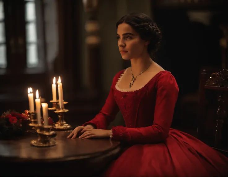 Uma jovem do Norte da Europa, 18 anos, olhos castanhos escuros, triste, cara triste, pele negra, black hair, cabelo longo preto, delineador, nariz grosso, wearing a red 19th-century Victorian dress, quarto da era vitoriana