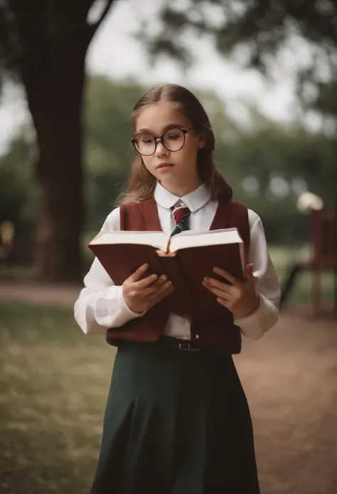 A young girl（Pure），Slightly fat，With round-rimmed glasses，Wearing JK uniform stockings，Holding a book in his hand，On the playground