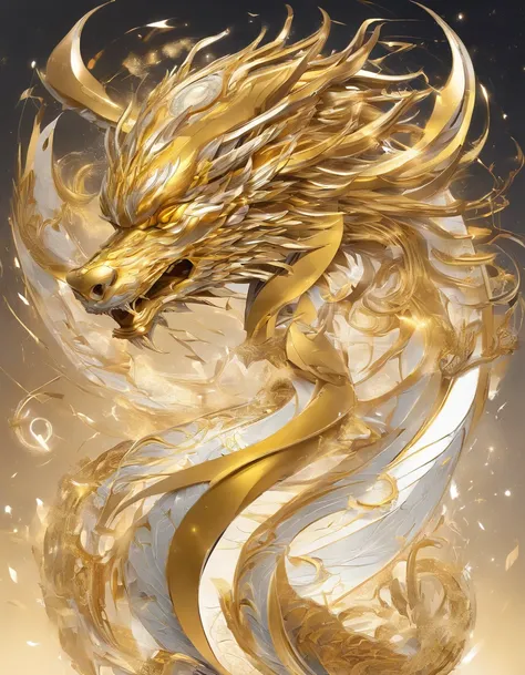 A logo、​masterpiece、(Gold background:1)、Golden Chinese Dragon、Deities々Halo、the wind、Deities、long wavy body、tusk、The upper part of the body、Fantasia、myth、hightquality、ighly detailed、​masterpiece、epic poem、Particle effect、Dynamic effects