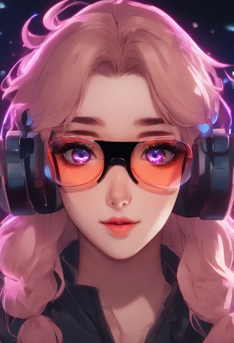 cocky anime girl wearing a pair of virtual reality glasses, head shot, smirking, high quality, 8k, 4k, detailed, neon colors