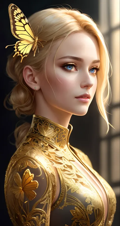 Masterpice, 8k portrait of a beautiful cyborg with blonde hair, intricate, elegant, highly detailed, majestic, digital photography, art by artgerm and ruan jia and greg rutkowski, surreal filigree golden butterfly painting, broken glass (masterpiece, side ...