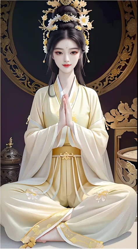 amazing portrait of oriental beauty in yellow hanfu, (cross-legged meditation: 1.3), (beautiful eyes), long eyelashes, solemn ex...