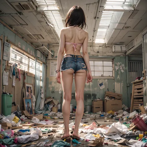 Standing in an abandoned classroom，legs are open，Garbage all over the ground，grimy， urinating， junk， tmasterpiece， Best quality at best， highly  detailed，Small pink bikini，cropped shoulders，revealing the lower abdomen，revealing breasts，Leaking the genitals...