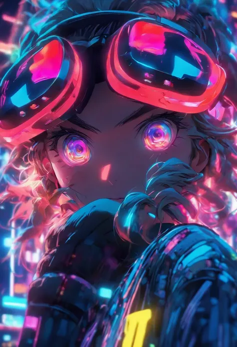 cocky anime girl wearing a pair of virtual reality glasses, head shot, smirking, high quality, 8k, 4k, detailed, neon colors