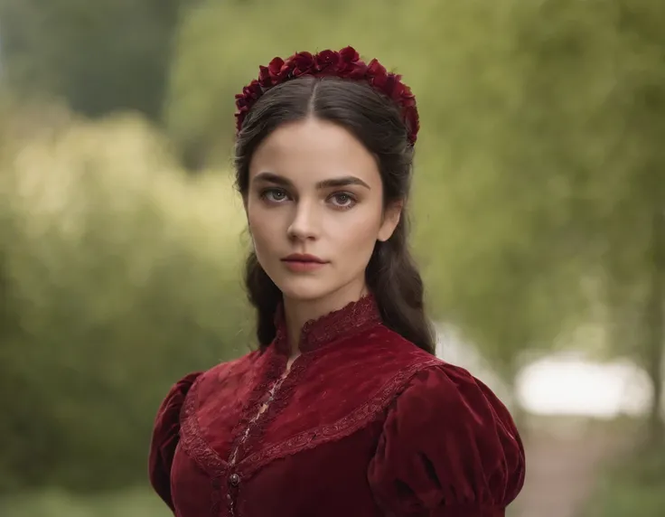 Uma jovem do Norte da Europa, 20 anos, olhos castanhos escuros, triste, cara triste, pele negra, black hair, cabelo crespo preto, delineador, nariz grosso, wearing a red 19th-century Victorian dress, quarto da era vitoriana, velas