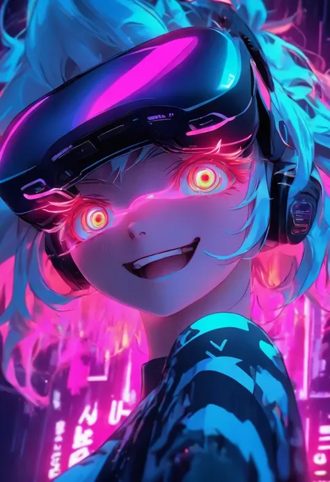 cocky anime girl wearing a pair of virtual reality glasses, head shot, smirking, high quality, 8k, 4k, detailed, neon colors