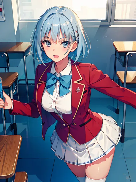 1 girl, short hair, light blue hair, white School uniform, White skirt, Red Jacket, blush, smiling, happy, classroom
masterpeace, best quality, (extremely detailed CG:1.4), highly detailed faces, glowing, sidelighting, wallpaper