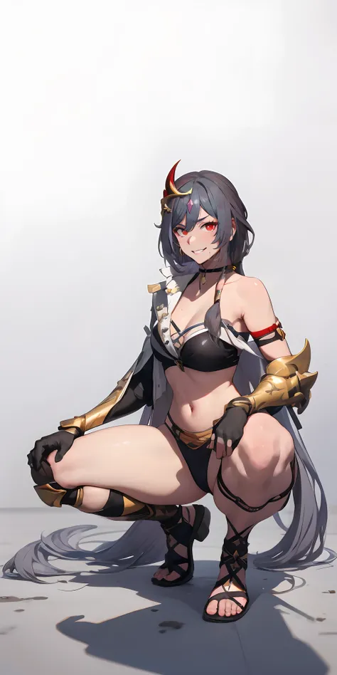 senti, (grey hair, long hair:1.5), red eyes, hair ornament, 1girl, squatting, navel, breasts, solo, shoulder_armor, armor, sandals, bikini_armor, gauntlets, looking_at_viewer, cleavage, pauldrons, bangs, full_body, gloves, horns, large_breasts, lips,