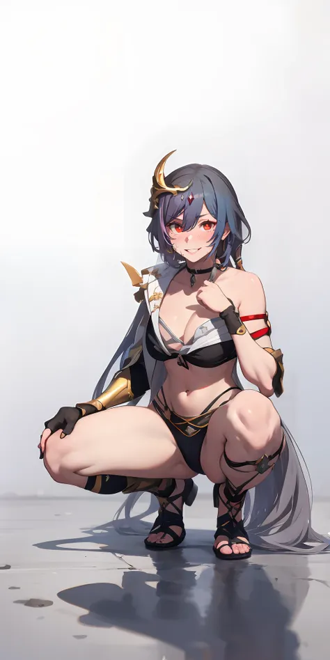 senti, (grey hair, long hair:1.5), red eyes, hair ornament, 1girl, squatting, navel, breasts, solo, shoulder_armor, armor, sandals, bikini_armor, gauntlets, looking_at_viewer, cleavage, pauldrons, bangs, full_body, gloves, horns, large_breasts, lips,