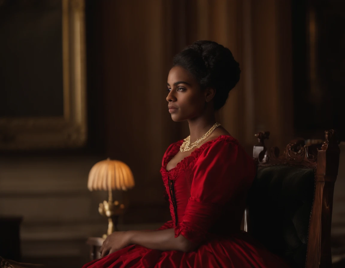 Uma jovem negra, 20 anos, olhos castanhos escuros, triste, cara triste, pele negra, cabelos pretos, cabelo crespo preto, delineador, nariz grosso, wearing a red 19th-century Victorian dress, quarto da era vitoriana, Velas