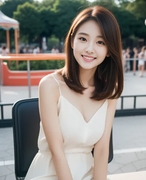 ((Top quality, 8K, Masterpiece: 1.3)), Beautiful girl, Pure, Melon face, Kind and cute, Sweet smile, Pure desire, Slender body, (Facing the camera), (Tilts head), Colorful casual suit , medium hair, long flowing shoulders, big round black eyes, big clear e...