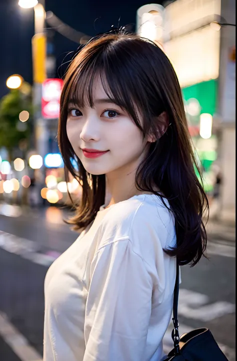 1girl, Tokyo street,night, cityscape,city lights,upper body,close-up,smile,, (8k, RAW photo, best quality, masterpiece:1.2),(realistic, photo-realistic:1.37),