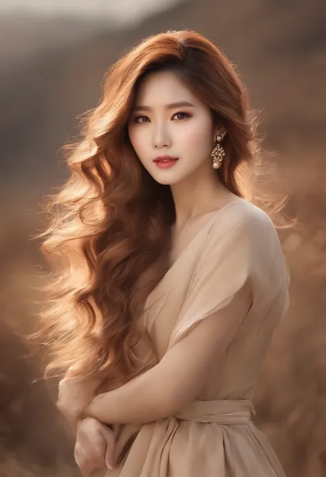 waved hair　Korean female　Simple brown or beige background