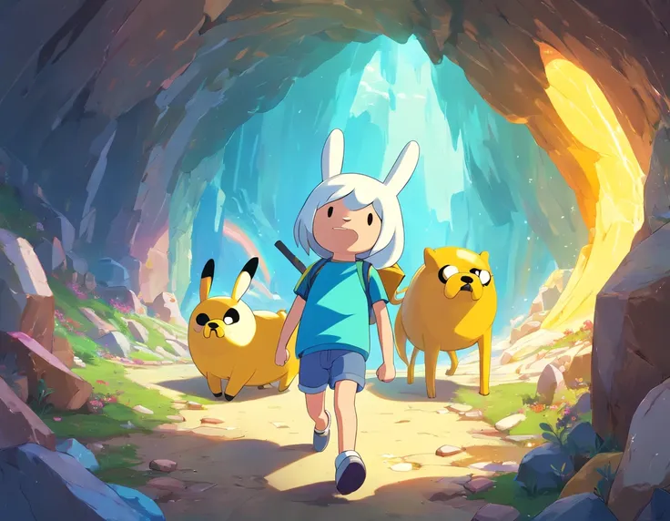 (adventure time), (best quality,4k,highres), (realistic:1.37), (anime:1.1), (detailed:1.1), (vivid colors), (fantasy), (cave:1.1), (white), (boy), (with rabbit ears), (blue shirt), (caramel-colored dog), (large eyes), (gorgeous), (illustration), (mystery),...