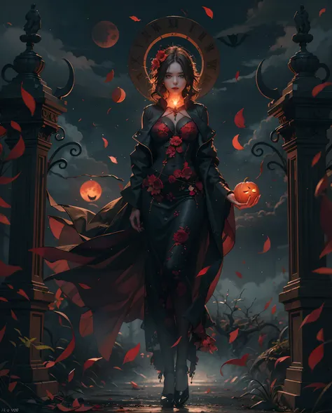 Create a spellbinding digital artwork depicting a mesmerizing woman exuding ethereal beauty beneath the bewitching glow of a blood moon on Halloween night.