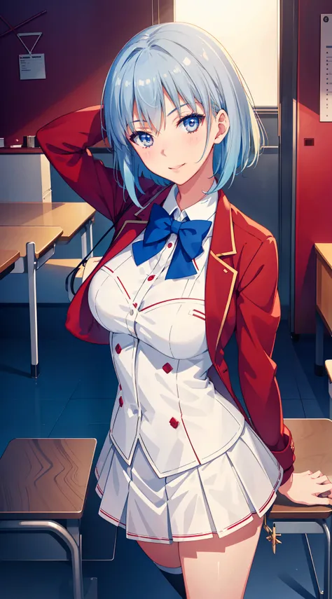 1 girl, short hair, light blue hair, Red school uniform, White skirt, Red Jacket, blue eyes, blush, smiling, happy, classroom of the elite 
masterpeace, best quality, (extremely detailed CG:1.4), highly detailed faces, glowing, sidelighting, wallpaper