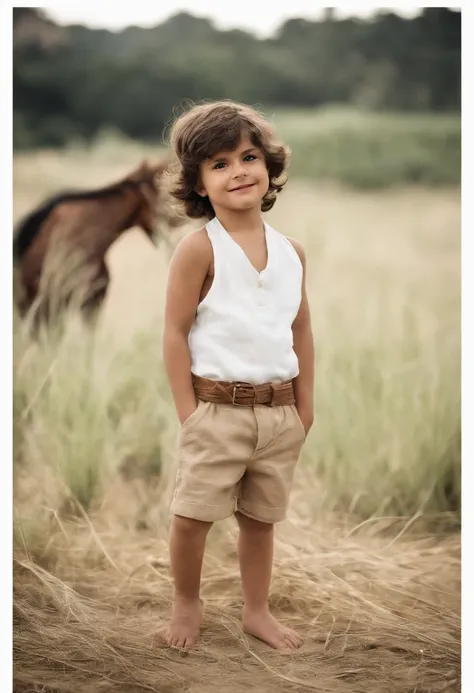 The barefoot，of a shirtless，Long haired little boy，adolable，Burlap shorts，Boy，are standing，There is no operation，White background，frontage，3D photography，seductiv，Six or seven years old