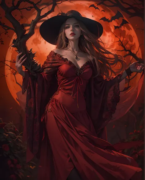 Create a spellbinding digital artwork depicting a mesmerizing woman exuding ethereal beauty beneath the bewitching glow of a blood moon on Halloween night.