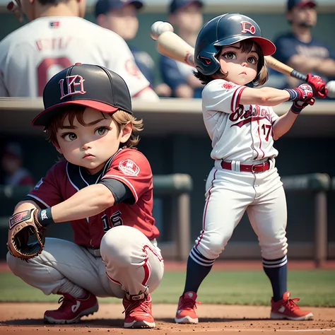 ​masterpiece、top-quality、ultra-detailliert、(Chibi Baseball Boy:1.2)、(Red Baseball Uniform:1.2)、Baseball gloves、Baseball bat、The background is Koshien Stadium、(17 Numbers:1.2)、