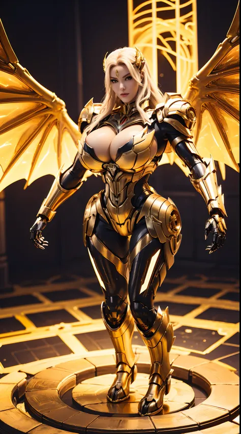 (DRAGON HEAD), HUGE FAKE BOOBS, (BEAUTIFUL FACE), (GOLD:1.2, BLACK:0.8, MECHA ARMORED GEAR), (((A PAIR OF HUGE MECHANICAL WINGS SPREAD OUT))), FUTURISTIC DRAGON MECHA SUIT, (CLEAVAGE), (SKINTIGHT YOGA PANTS), (HIGH HEELS), (PERFECT BODY:1.2), (FULL BODY VI...