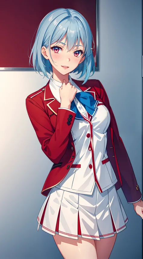 1 girl, short hair, light blue hair, Red school uniform, White skirt, Red Jacket, blush, smiling, happy, classroom of the elite 
masterpeace, best quality, (extremely detailed CG:1.4), highly detailed faces, glowing, sidelighting, wallpaper