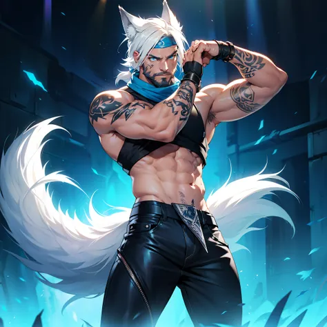 muscular male with short beard, flexed, has long flowing white hair, has wolf ears, has wolf tail, shirtless, wearing punk leather pants, solo, alone, has glowing blue eyes, covered in tribal tattoos, wearing bandana wrist bands, wearing fingerless gloves