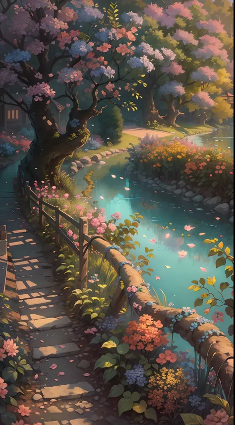 (best quality,illustration:1.1),(masterpiece:1.1),(extremely detailed CG Unity 8K wallpaper),(colorful:1.2),vines,branches,flowers,petals,landscape,river,road