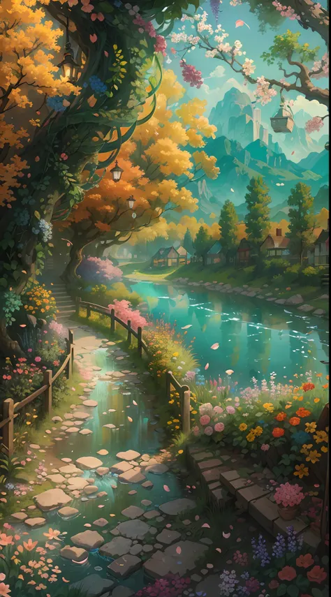 (best quality,illustration:1.1),(masterpiece:1.1),(extremely detailed CG Unity 8K wallpaper),(colorful:1.2),vines,branches,flowers,petals,landscape,river,road