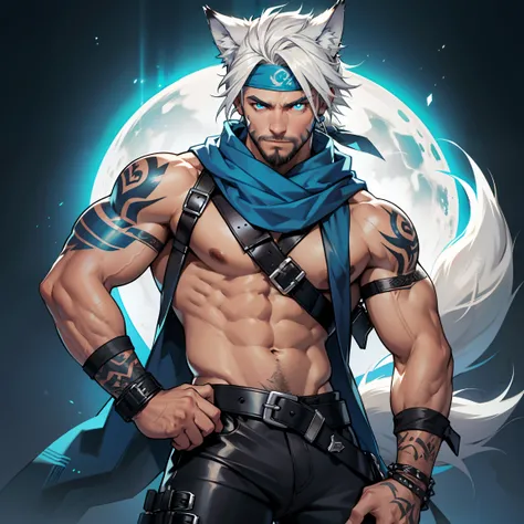 muscular male with short beard, flexing arm, has long flowing white hair, has wolf ears, has wolf tail, shirtless, wearing punk leather pants, solo, alone, has glowing blue eyes, covered in tribal tattoos, wearing bandana wrist bands, wearing fingerless gl...