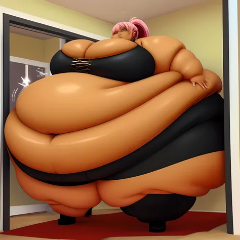 Anime, Male, (Tan Skin:1.4), long Rose pink hair, Ponytail, Green eyes , sharp teeth, Black Suit , Black pants,  stuck_in_doorway
,hyper_hips,belly_bigger_than_bodyapple_shaped_bodyfat