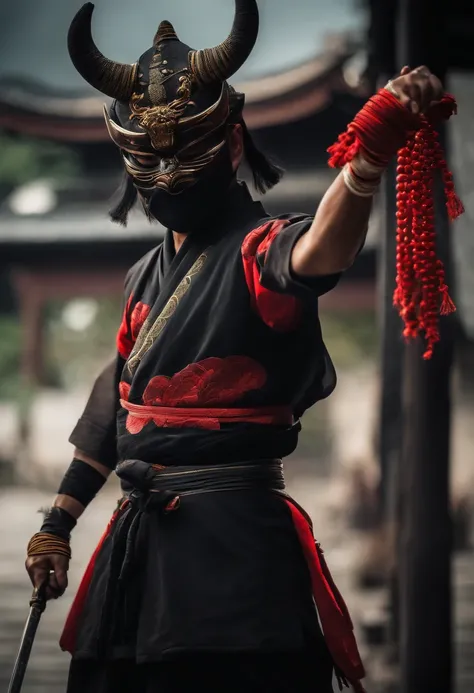 a ninja with a Japanese oni mask, com uma roupa preta, menacingly