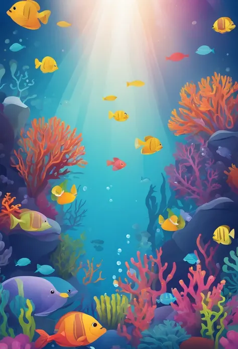 simple, vector, 4k, cheerful, flat background, illustration, under water, sea, kids background, colorful, reef, flat color