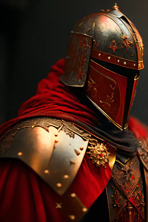 The Knight, rusty old detailed armor, red and gold, red cape, cinematic, fine details, 8k, (dark shot:0.7), Subsurface scattering, (ambient lighting:1.3), (ArtStation:1.3)