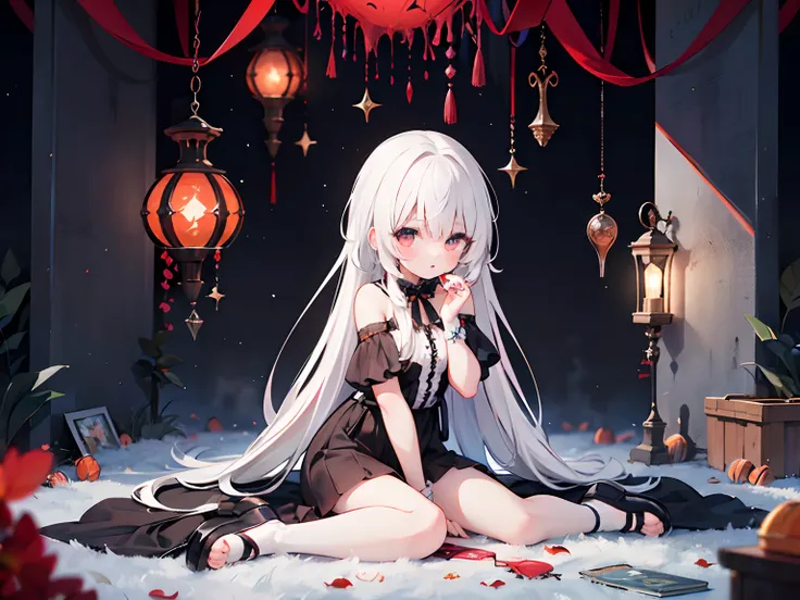 a beauty girl，Gothic，Trash fish trash fish，White color hair，，red color eyes，Sitting in front of the dark castle sneered，