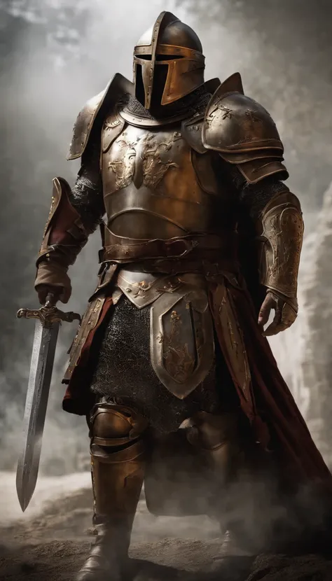 A man in armor stands in the hall with a sword, full portrait of magical knight, ares with heavy armor and sword, Fantasy warrior in full armor, paladin golden armor,Giant horned helmet，for honor charector concept art, knight armored in red, Epic Paladin a...