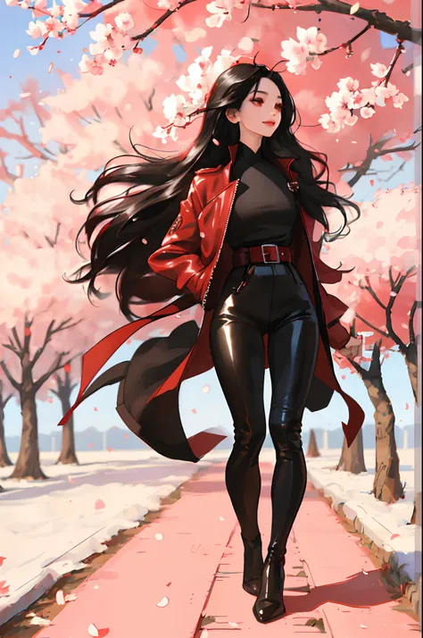 Samyang、

1girl in, , red eyes, Red highlights on black hair, sharp eye，blurry backround, cherry trees, ssmile, look up to, Long straight hair, profile, Intricately decorated red leather jacket, Tight leather pants，cross belt，独奏,Full body projection， Sakur...