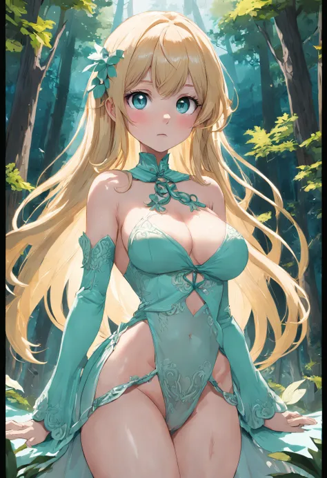 (Best Quality,Unparalleled Masterpiece:1.4),Ultra-Detailed CG 4K,(Ultra-Detailed Clear Absurdly-Vivid Mint Big Eyes:1.2),Gorgeous Round Detailed Face(Voluptuous:1.4)Elf(SFW Huge Breasts:1.8)TALL(Voluminous Long Blonde Hair: 1.4),ADULT(Bangs, Sidelocks:1.2)...