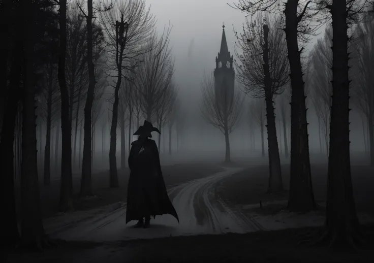 best quality,ultra-detailed,realistic,medieval plague doctor,creepy detailed mask,long black robe,scary beak,bird-like creature,terrifying long nails,spooky atmosphere,dark and eerie lighting,sinister shadows,historical portrait style,ominous color palette...