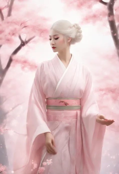 A hyper-realistic, Highly detailed, High resolution 16K image of youth, Beautiful female ghost or guardian spirit. She has pale pink hair and translucent skin, Wearing a traditional kimono with Japan with a small cherry blossom design on the obi. This imag...