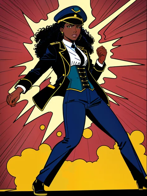 (comic style:1.3), (comic poster) (line art:1.5), (full body),(masterpiece, award winning, best quality:1.3), (flat color:1.3),(colorful:1.3), 1 girl ((solo)), Haitian, energy shooting out of hand, fighting stance, long curly black hair, dark skin, wearing...