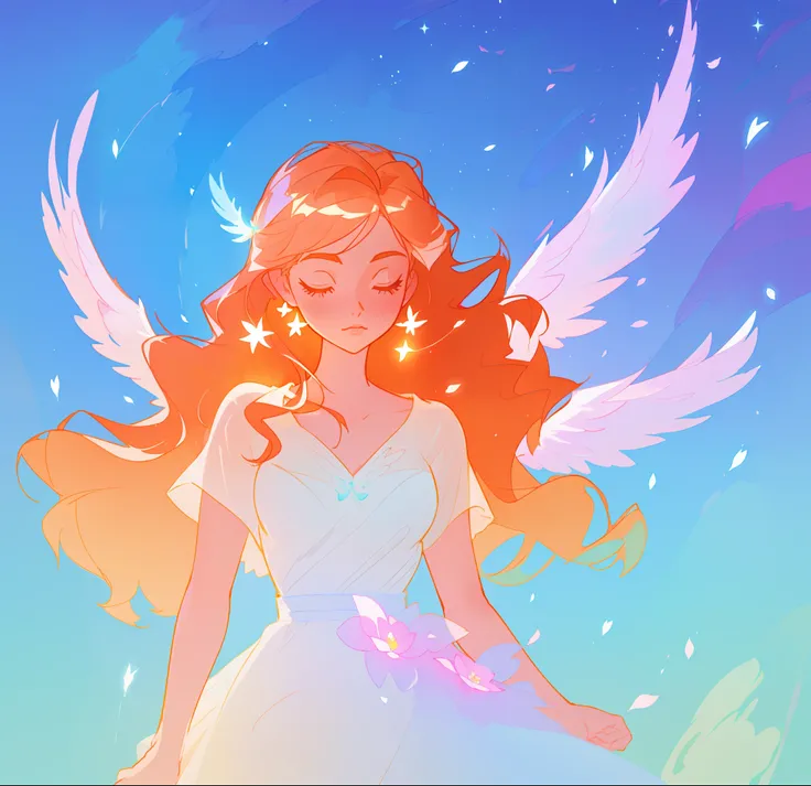 beautiful girl in flowing white dress, (glowing angel wings), glowing flowing ballgown, long wavy hair, sparkling angel wings, watercolor illustration, flowers and colorful plants, inspired by Glen Keane, inspired by Lois van Baarle, disney art style, by L...