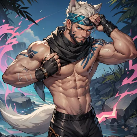 muscular male with short beard, flexing bicep, sweating hard, bulge, has long flowing white hair, has wolf ears, has wolf tail, shirtless, wearing low slung punk leather pants, solo, alone, has glowing blue eyes, covered in tribal tattoos, wearing bandana ...