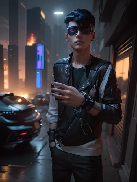 Change background cyberpunk handsome boy ultrarealestic face with wearing mask, undercut up hairstyle, 3d, with cat in side, make my body some fatty, 8k