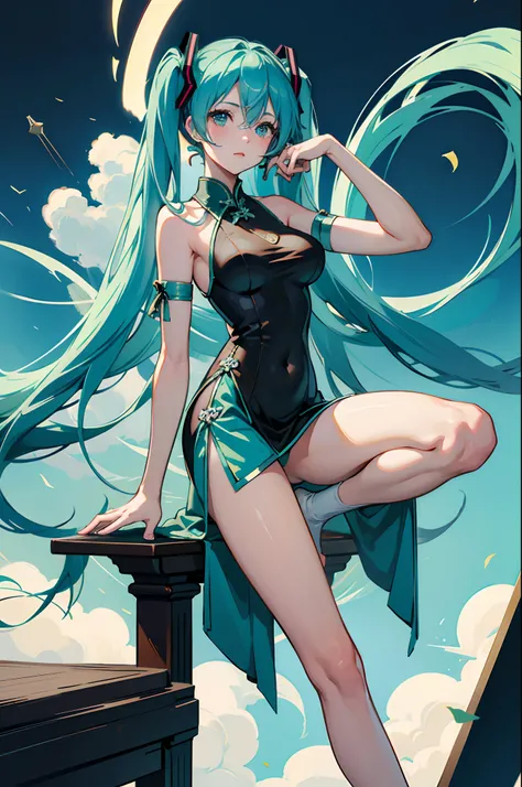 Big breasts Hatsune Miku，apathy，No emotion，leg loops，Large scale，Disheveled clothes，bareness，Raise your legs，on cheongsam，The bottom is completely exposed