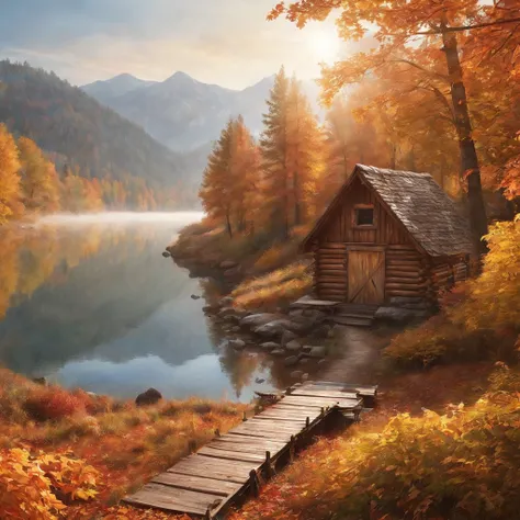 best quality,ultra-detailed,realistic,autumn colors,sunlight,fall foliage,reflection in the lake,trail,hikers,camping,fog,peaceful,serene,calm,calming,ethereal,crisp air,tranquil,serene,sun rays through the trees,colorful leaves,rustic cabin,wooden bridge,...