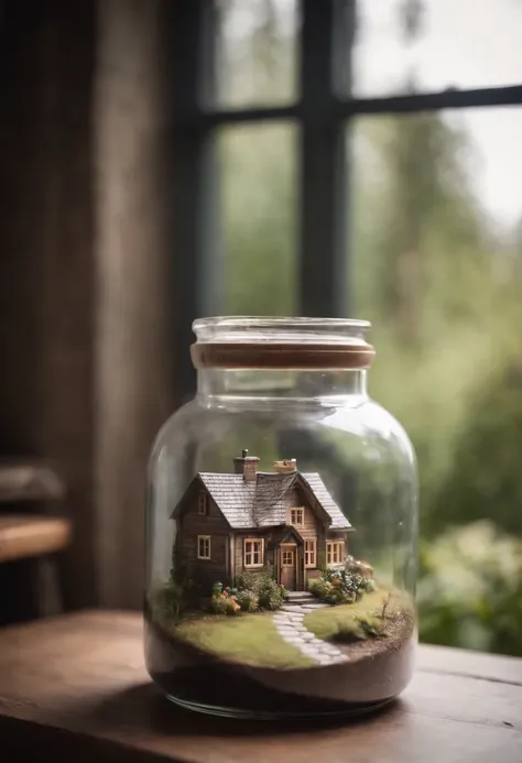 A glass jar with a cottage inside it